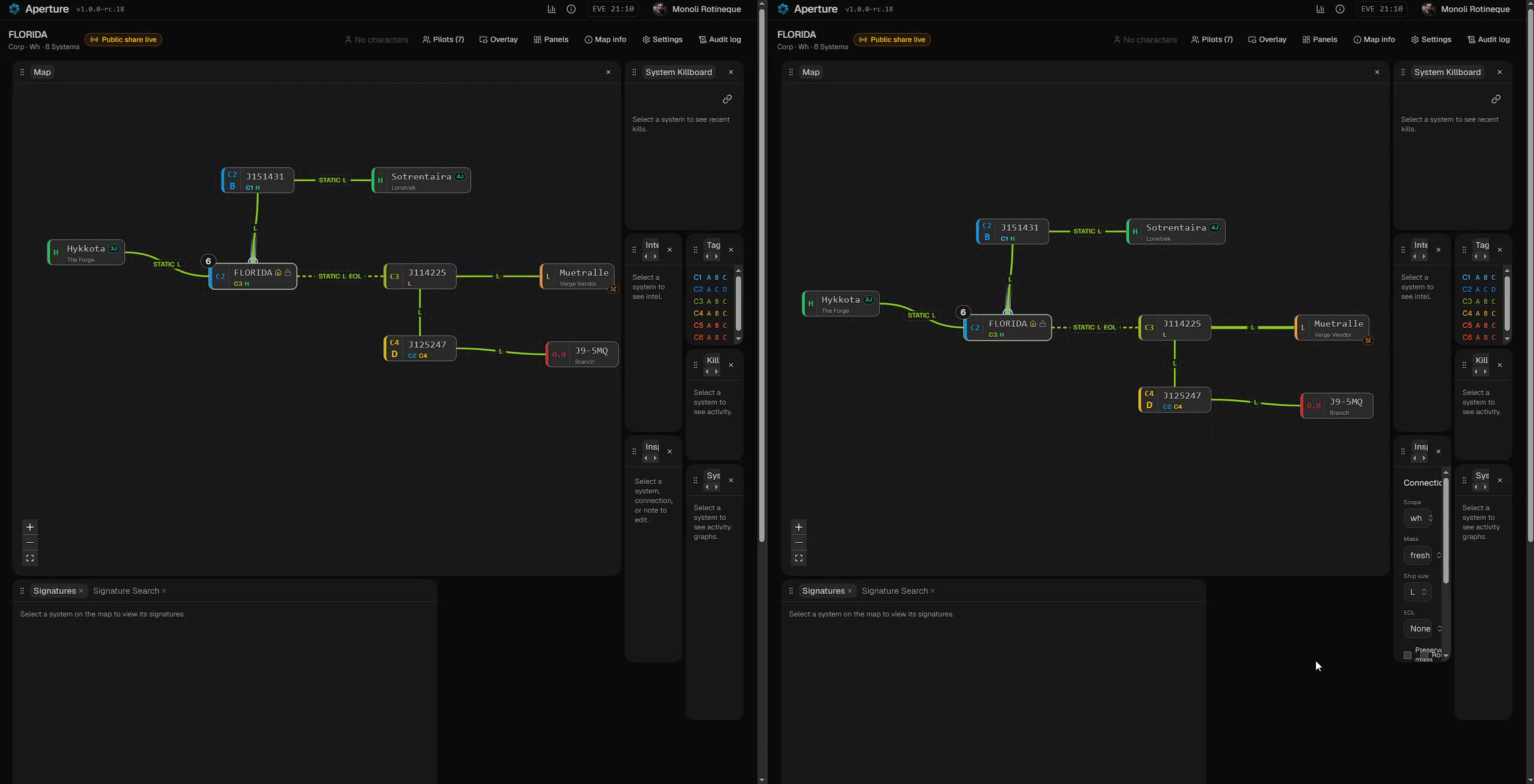 Two logged-in Aperture sessions side by side on the same map, each showing the same chain.